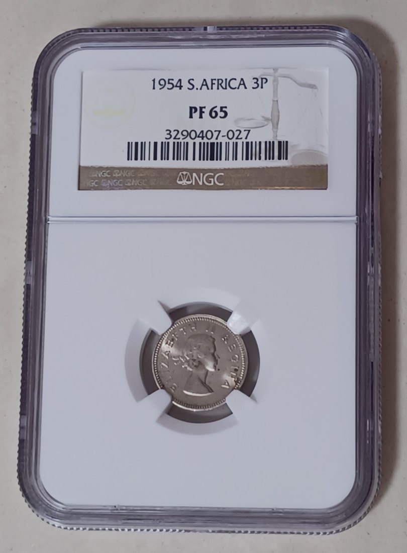  VERY RARE 1954 South Africa PROOF Elizabeth II Three Pence 3P NGC PF65 MINTAGE 3,150 50% Silver   