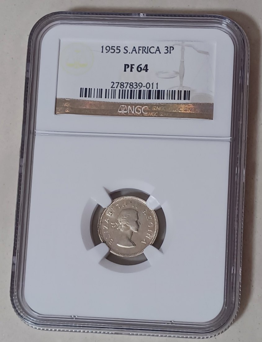  VERY RARE 1955 South Africa PROOF Elizabeth II Three Pence 3P NGC PF64 MINTAGE 2,850 50% Silver   