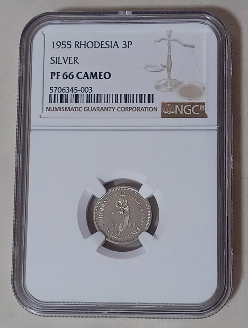  1955 Rhodesia & Nyasaland PROOF Elizabeth II Three Pence 3P NGC PF66 MINTAGE 2,000 VERY RARE   
