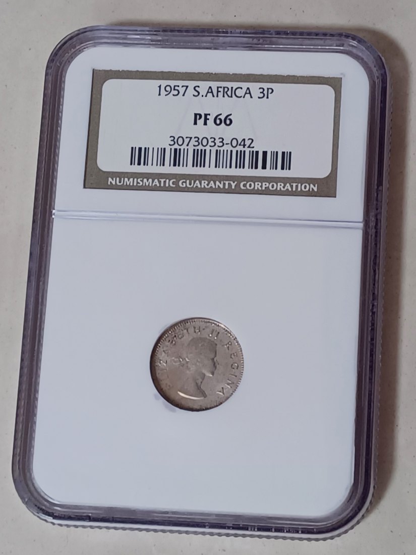  1957 South Africa PROOF Elizabeth II Three Pence 3P NGC PF66 MINTAGE 1,130 VERY RARE 50% Silver   