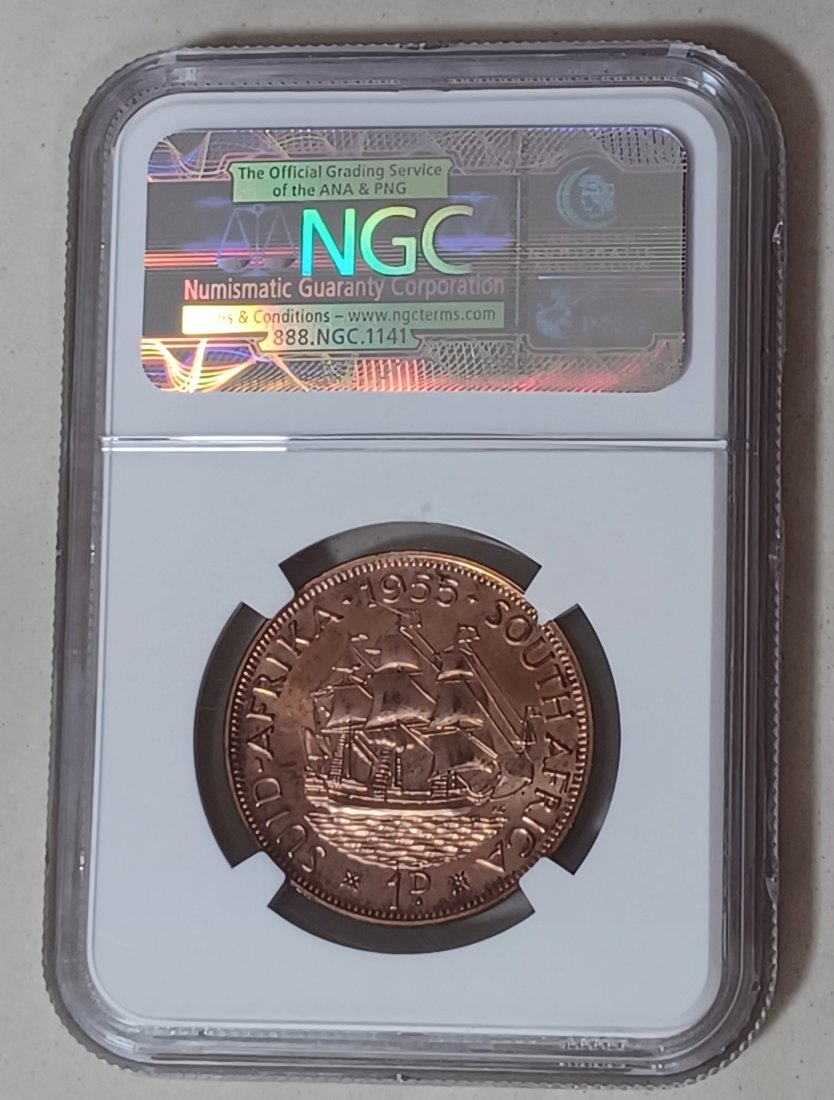  1955 South Africa PROOF Elizabeth II One Penny 1P NGC PF64RD MINTAGE 2,850 VERY RARE   