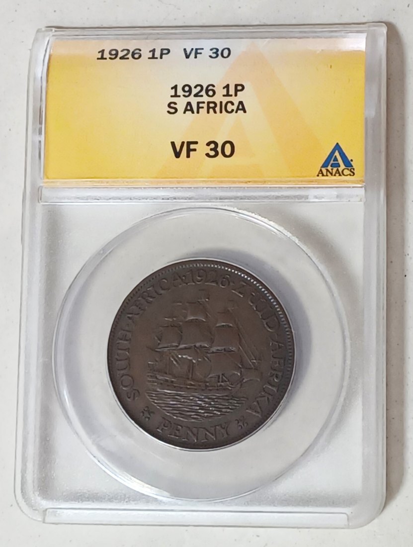  1926 South Africa George V Bronze One Penny 1P ANACS VF30 31mm 9,45g   