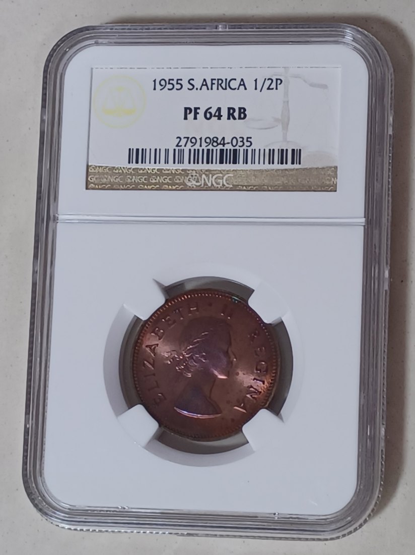 1955 South Africa PROOF Elizabeth II Half Penny 1/2P NGC PF64RB MINTAGE 2,850 VERY RARE   