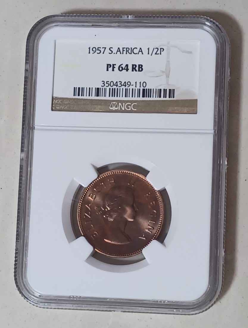  1957 South Africa PROOF Elizabeth II Half Penny 1/2P NGC PF64RB MINTAGE 1,130 VERY RARE   