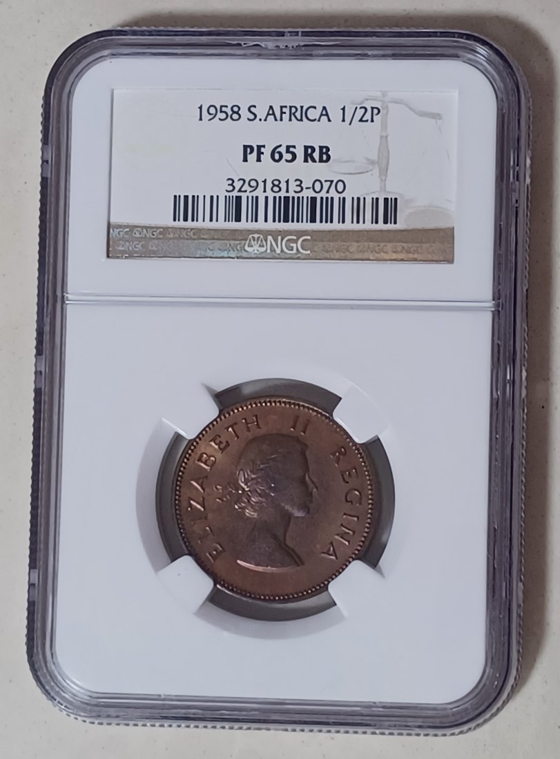 1958 South Africa PROOF Elizabeth II Half Penny 1/2P NGC PF65RB MINTAGE 985 VERY RARE