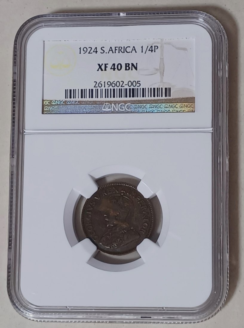  1924 South Africa George V Quarter Penny 1/4P NGC XF40BN MINTAGE 94,834 KEY DATE   