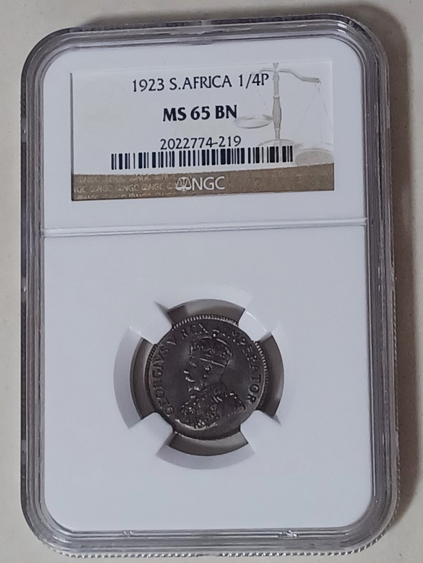  1923 South Africa UNC BU George V Quarter Penny 1/4P NGC MS65BN MINTAGE 32,800 2ND FINEST VERY RARE   