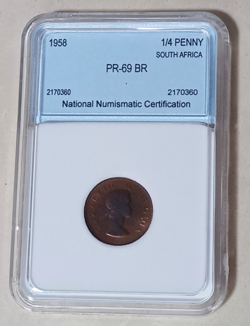  1958 South Africa PROOF Elizabeth II Quarter Penny 1/4P NNC PF69BR MINTAGE 985 VERY RARE   