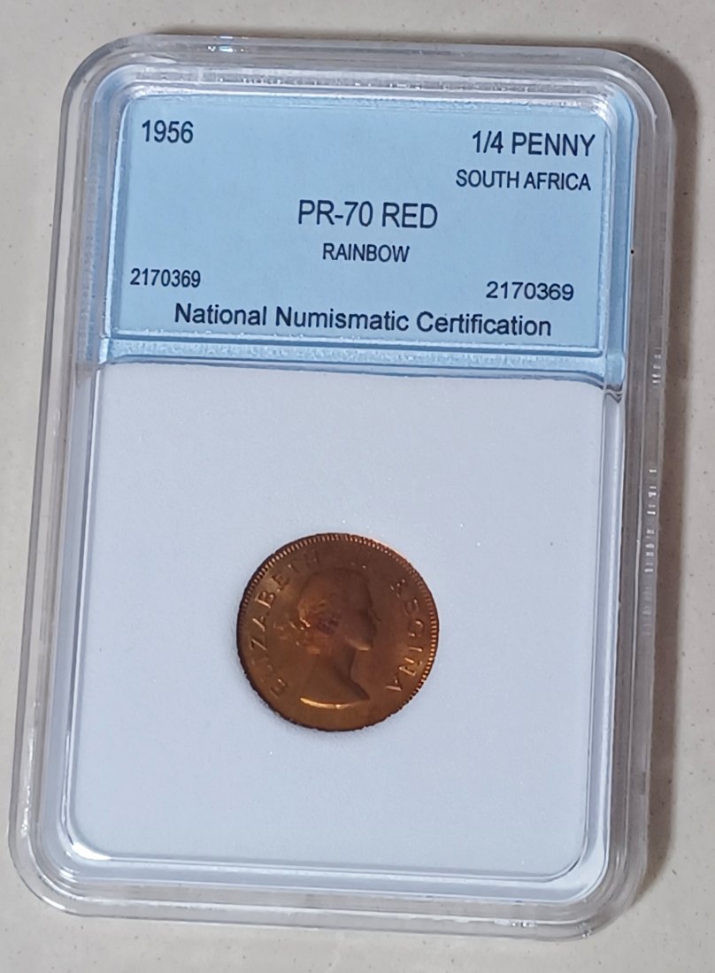  1956 South Africa PROOF Elizabeth II Quarter Penny 1/4P NNC PF70RD MINTAGE 1,700 VERY RARE   