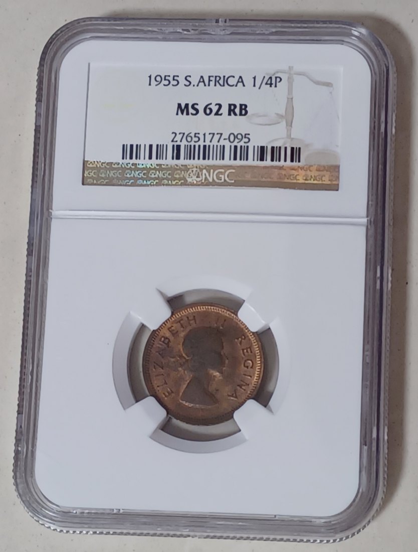  1955 South Africa BU UNC Elizabeth II Quarter Penny 1/4P NGC MS62RB   