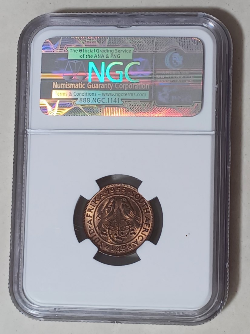  1955 South Africa BU UNC Elizabeth II Quarter Penny 1/4P NGC MS62RB   