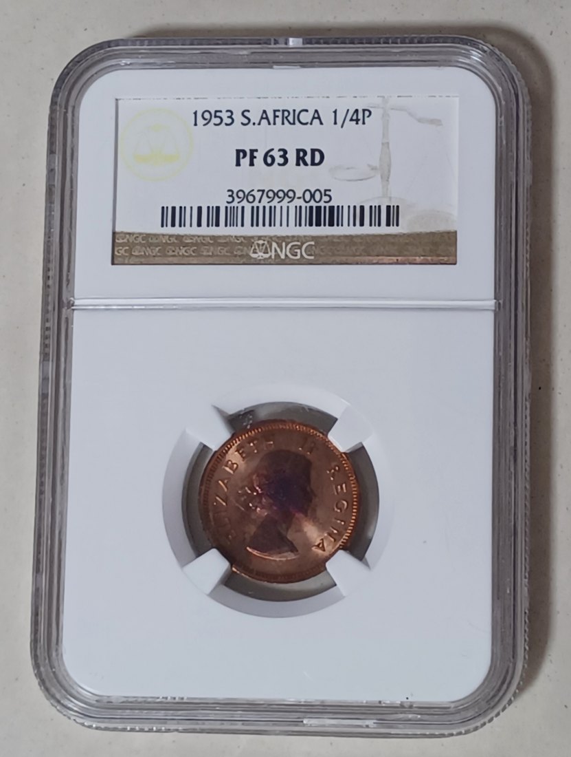  1953 South Africa PROOF Elizabeth II Quarter Penny 1/4P NGC PF64RD MINTAGE 5,000 VERY RARE   