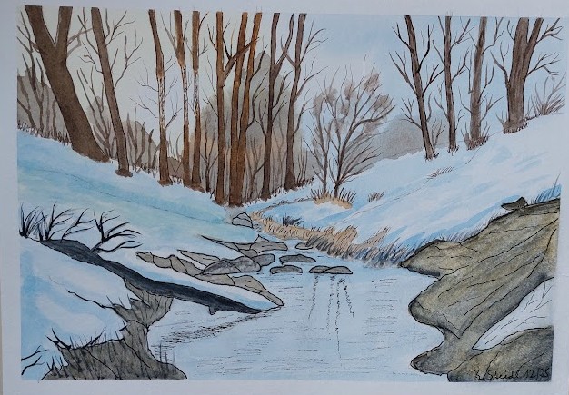  0044-AQUARELLBILD / BACH IM WINTERWALD / FORMAT A4 (21x29,7cm) / 12/2025   