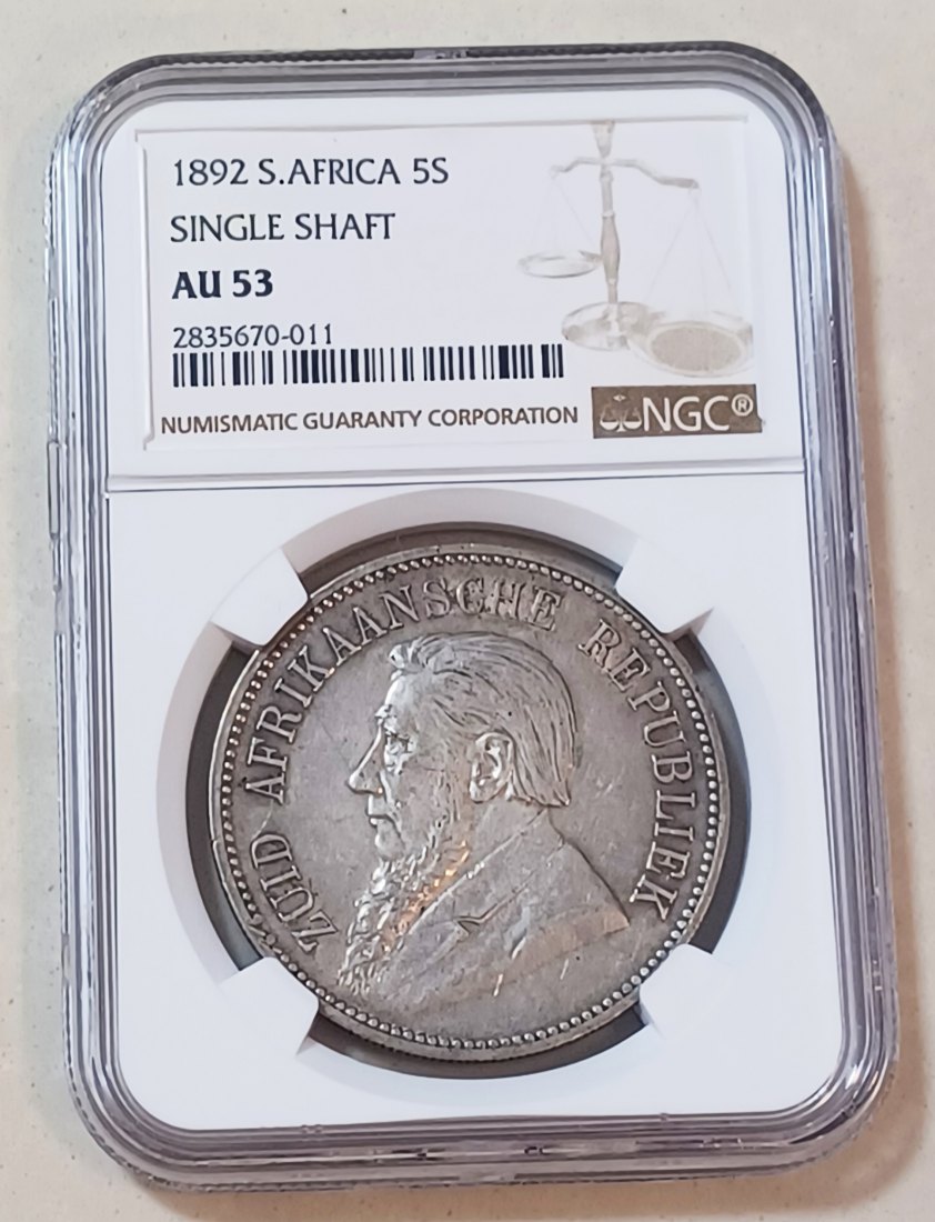 1892 South Africa ZAR Paul Kruger Single Shaft Five Shilling 5S NGC AU53 RARE 14,000 KEY DATE