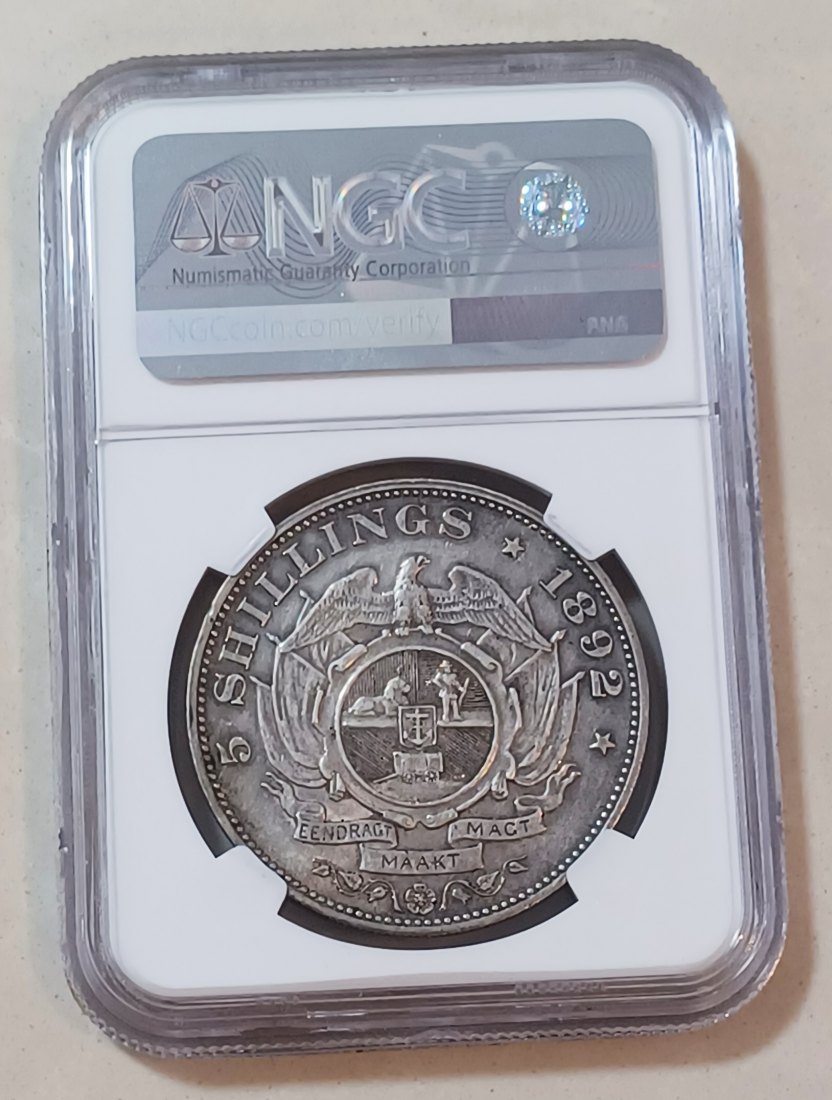 1892 South Africa ZAR Paul Kruger Single Shaft Five Shilling 5S NGC AU53 RARE 14,000 KEY DATE   