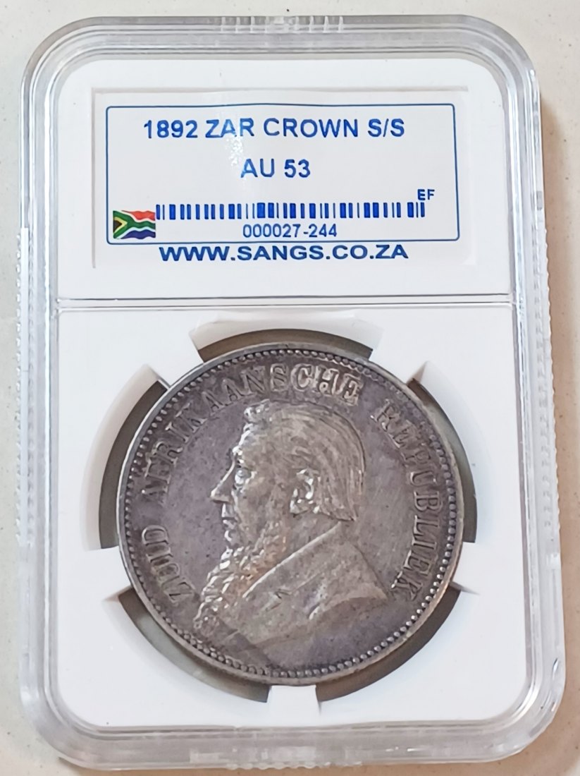 1892 South Africa ZAR Paul Kruger Single Shaft Five Shilling 5S SANGS AU53 RARE 14,000 KEY DATE