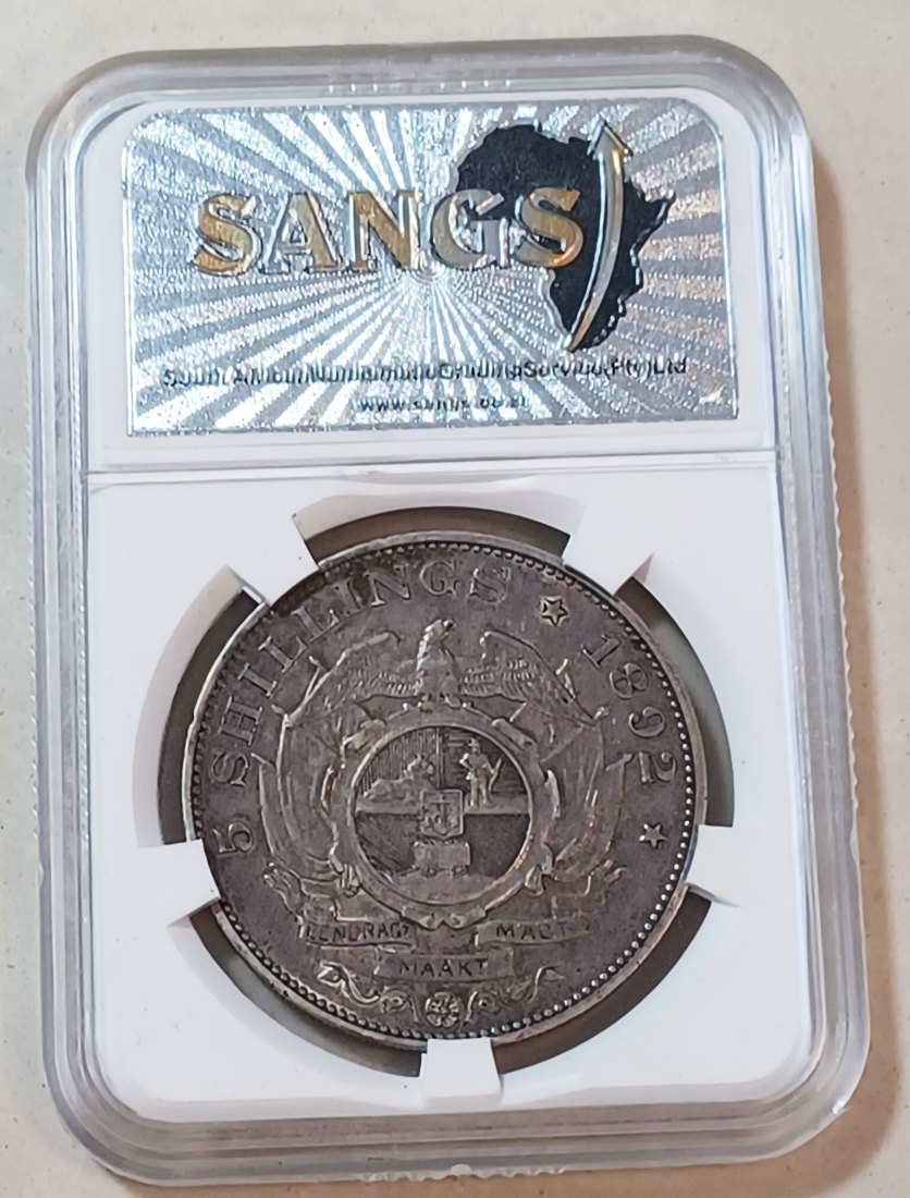  1892 South Africa ZAR Paul Kruger Single Shaft Five Shilling 5S SANGS AU53 RARE 14,000 KEY DATE   