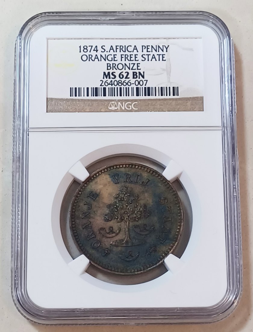 1874 BU UNC South Africa Orange Free State Bronze One Penny 1P NGC MS62BN MINTAGE 100 EXTREMELY RARE