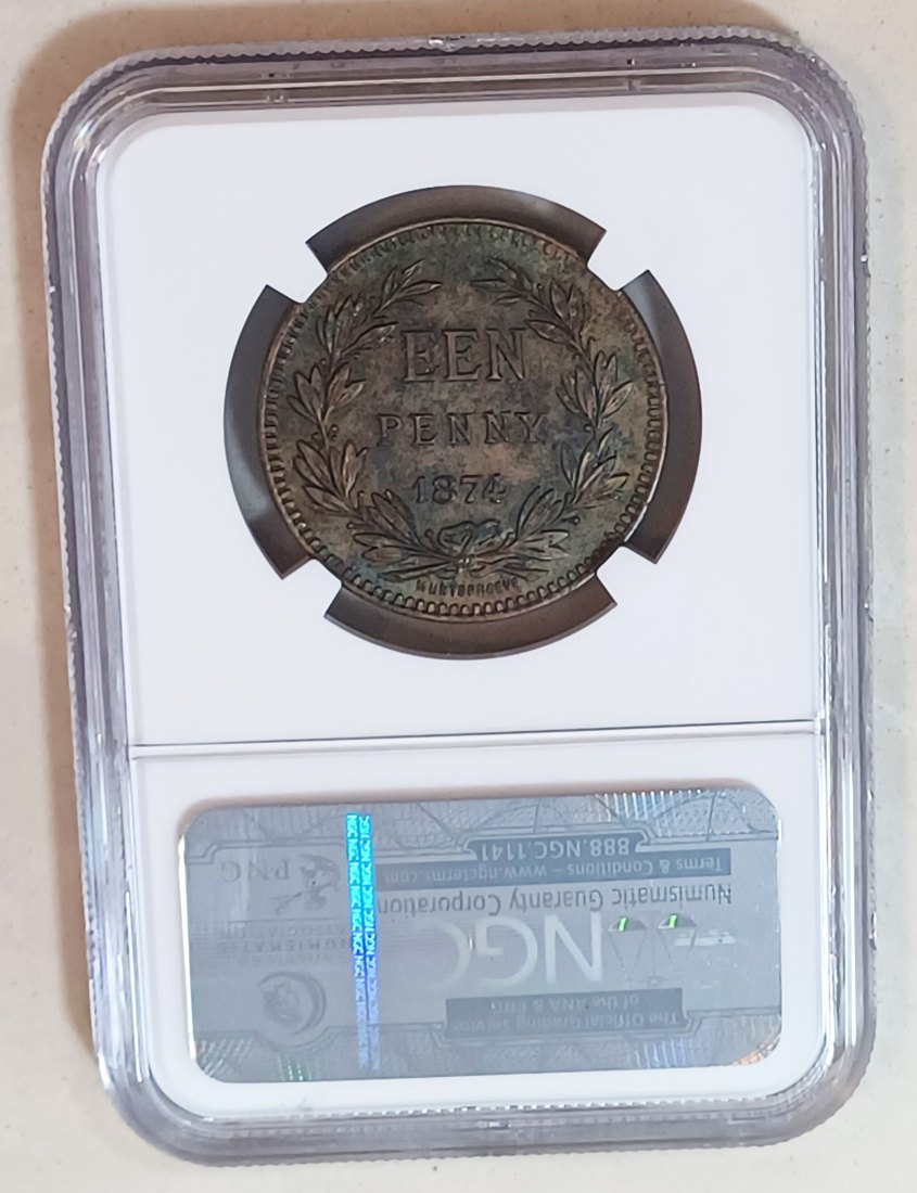  1874 BU UNC South Africa Orange Free State Bronze One Penny 1P NGC MS62BN MINTAGE 100 EXTREMELY RARE   