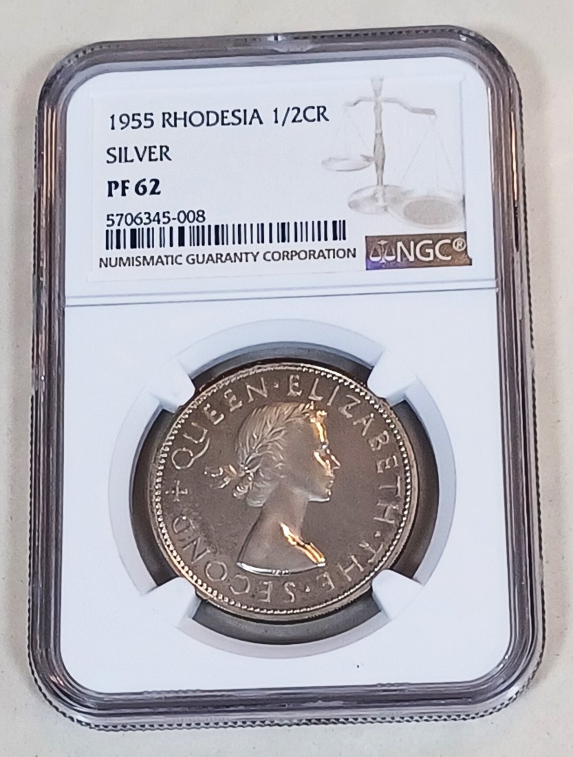 1955 Rhodesia & Nyasaland PROOF Elizabeth II Half Crown 1/2C NGC PF62 MINTAGE 2,000 VERY RARE