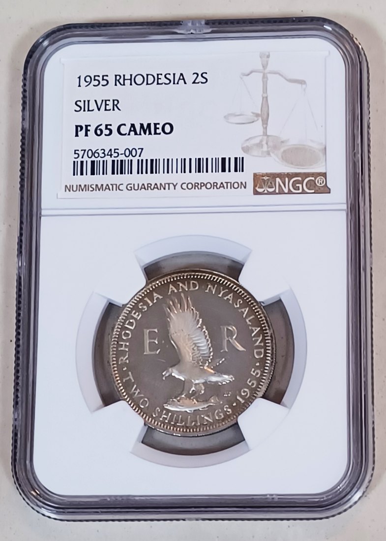 1955 Rhodesia & Nyasaland PROOF Elizabeth II Two Shilling 2S NGC PF65 CAMEO MINTAGE 2,000 VERY RARE
