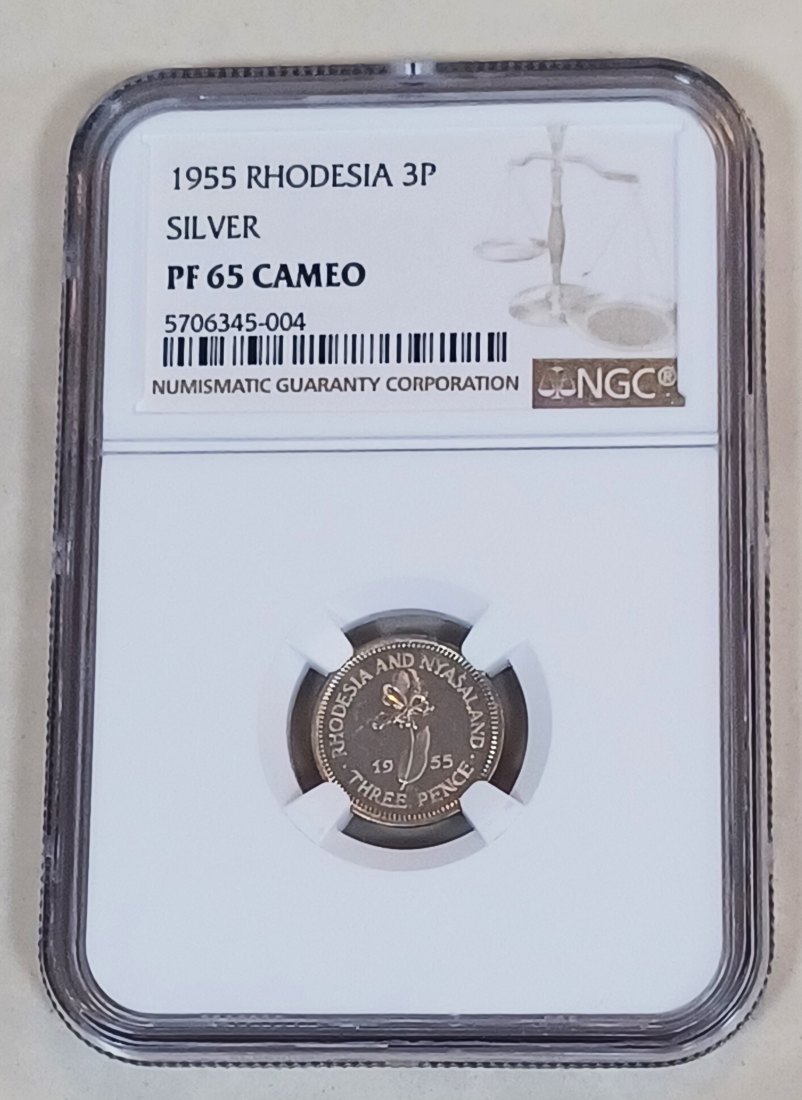 1955 Rhodesia & Nyasaland PROOF Elizabeth II Three Pence 3P NGC PF65 CAMEO MINTAGE 2,000 VERY RARE