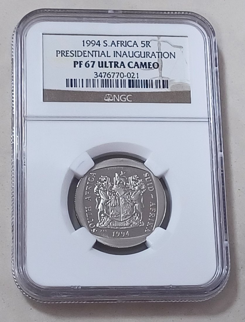 1994 South Africa PROOF Presidential Inauguration Five Rand R5 NGC PF67UC Mintage 10,000 VERY RARE