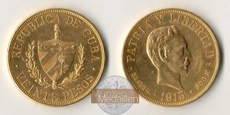 Kuba MM-Frankfurt  Feingold: 30,1g 20 Pesos 1915 