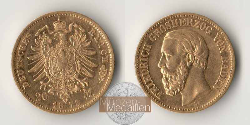 Baden  20 Mark MM-Frankfurt Feingold:  7,17g Friedrich I. 1852 - 1907 1873 G 