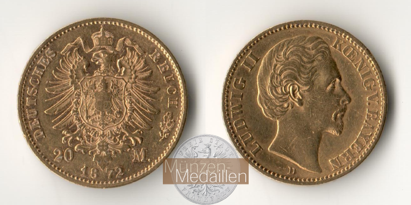 Bayern, Kaiserreich 20 Mark MM-Frankfurt Feingold: 7,17g Ludwig II. 1864-1886 1872 D 