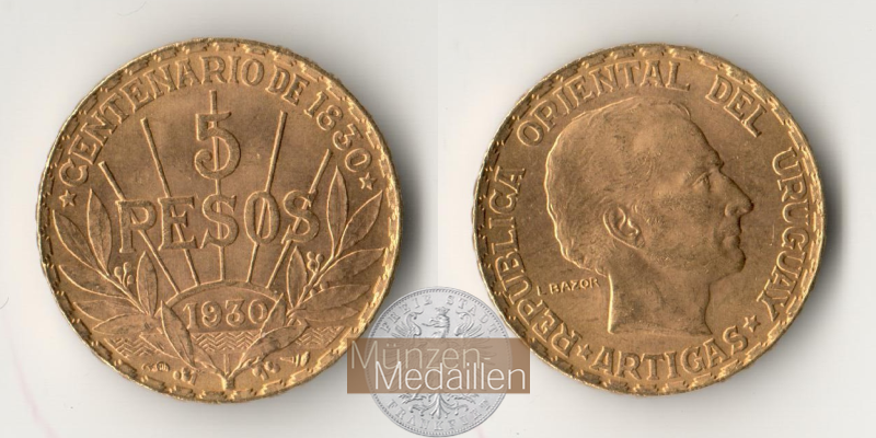 Uruguay MM-Frankfurt Feingewicht: 7,78g 5 Pesos 1930 