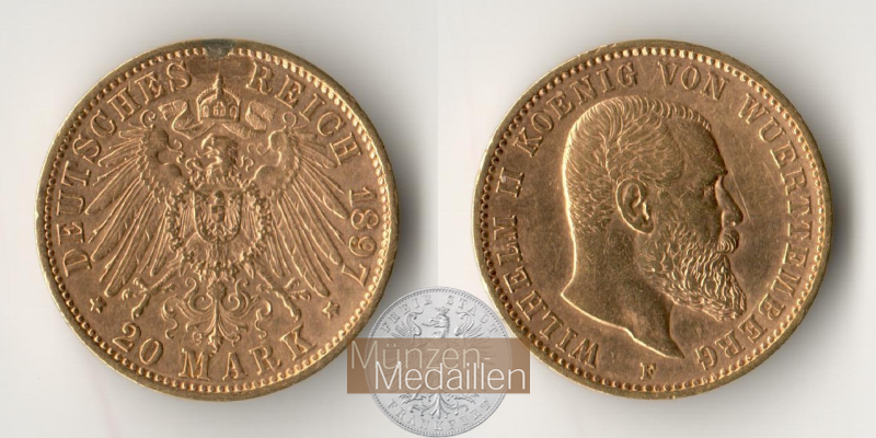 Deutsches Kaiserreich - Württemberg MM-Frankfurt Feingold: 7,17g Wilhelm II., 20 Mark 1897 F 