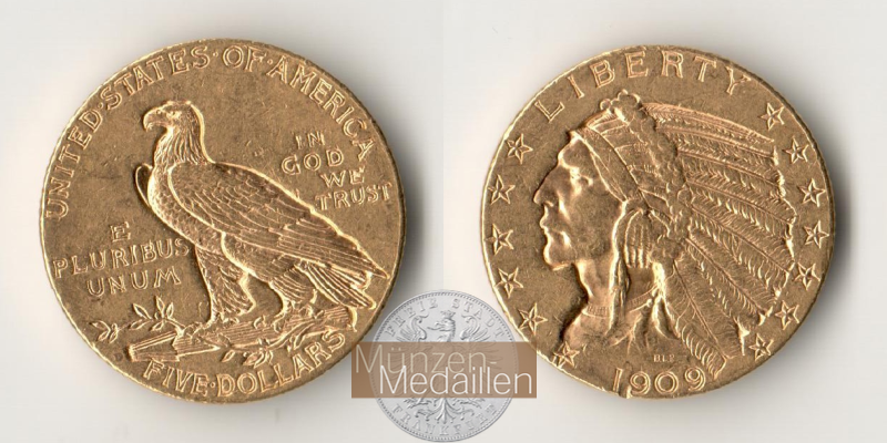 USA  5 Dollar MM-Frankfurt   Feingold: 7,52g Half Eagle - Indian Head 1909 