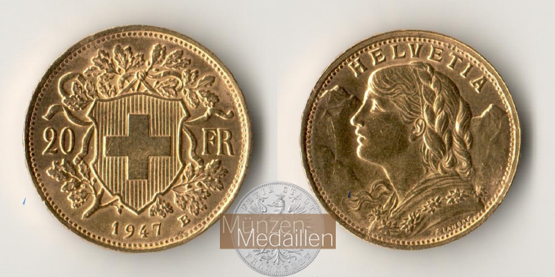 Schweiz  20sFR MM-Frankfurt Feingold: 5,81g Vreneli 1947 B 