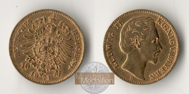 Dt Kaiserreich. Bayern MM-Frankfurt Feingewicht: 3,59g Gold Ludwig II. 10 Mark 1873 D 