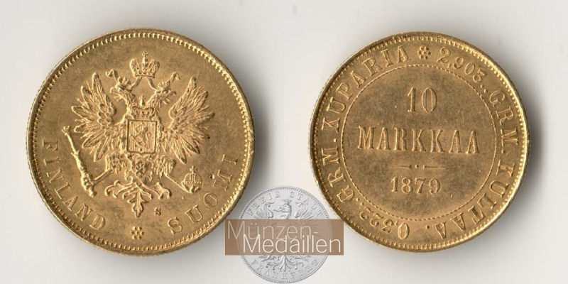 Finnland MM-Frankfurt Feingewicht: 2,9g 10 Markkaa 1879 