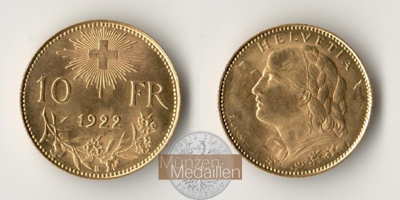 Schweiz  10 sFR MM-Frankfurt Feingold: 2,90g 1/2 Vreneli 1922 B 