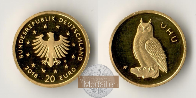 BRD  20 Euro  2018 G MM-Frankfurt Feingold: 3,88g Einheimische Vögel - Uhu  