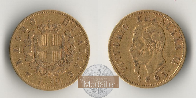  Italien 10 Lire Victor Emmanuel II 1863 (1861-65) MM-Frankfurt KM#9 Feingold: 2,903g   