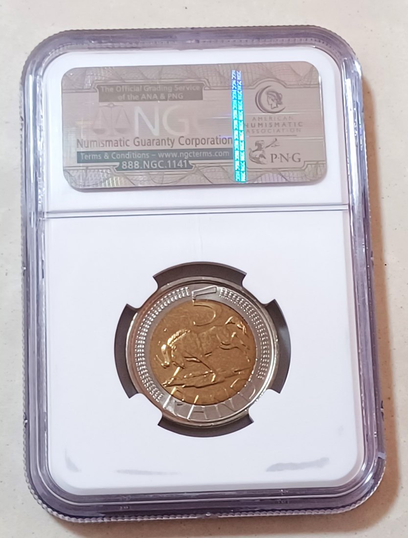  2005 South Africa BU UNC Bimetallic Wildebeest Five Rand R5 NGC MS65   