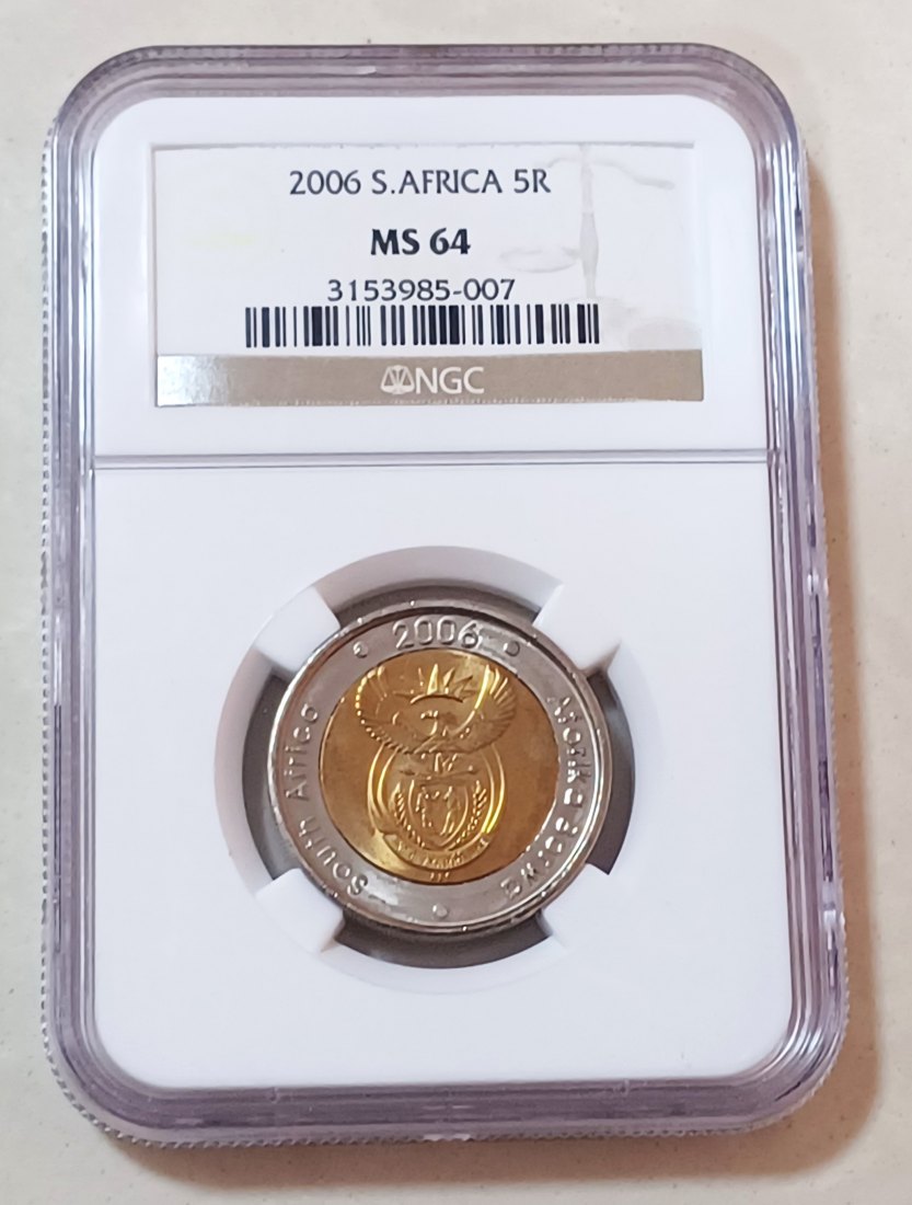 2006 South Africa BU UNC Bimetallic Wildebeest Five Rand R5 NGC MS64