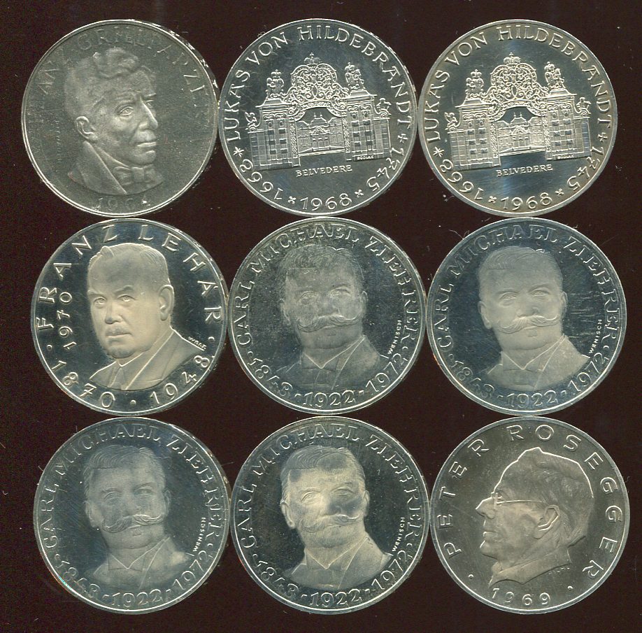  Österreich 9x 25 Schilling Silbermünzen in PP   