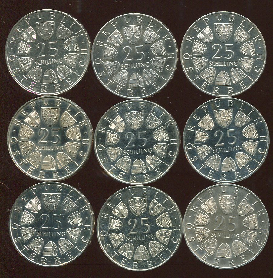  Österreich 9x 25 Schilling Silbermünzen in PP   