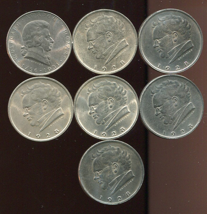 Österreich 7x 2 Schilling Silbermünzen ab 1928   