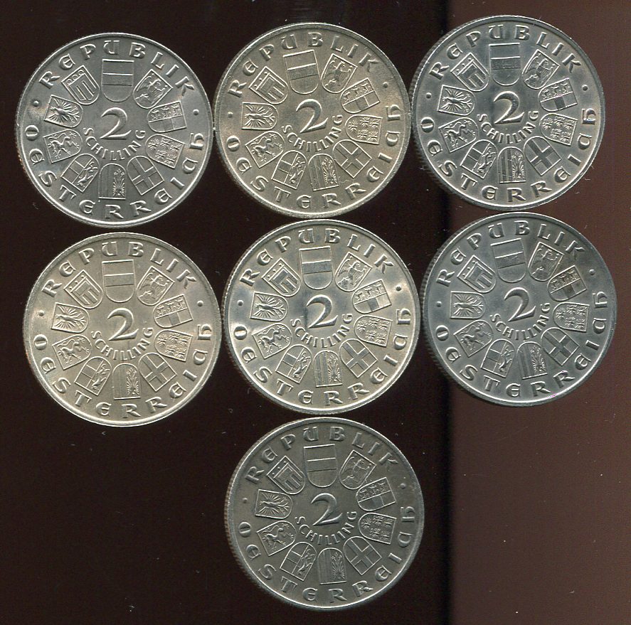  Österreich 7x 2 Schilling Silbermünzen ab 1928   