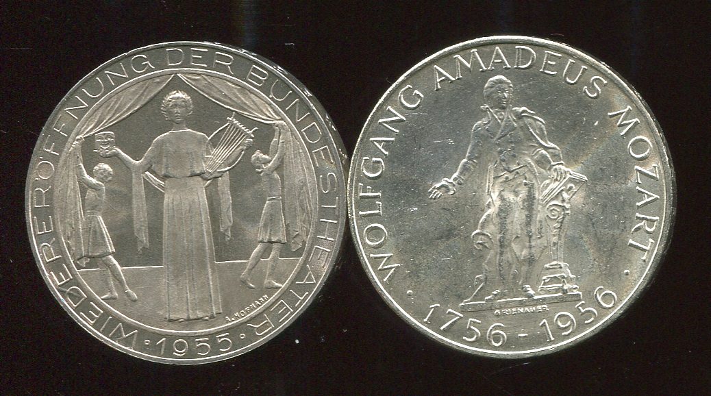  Österreich 2x 25 Schilling Silbermünzen von 1955/56 in Stempelglanz   