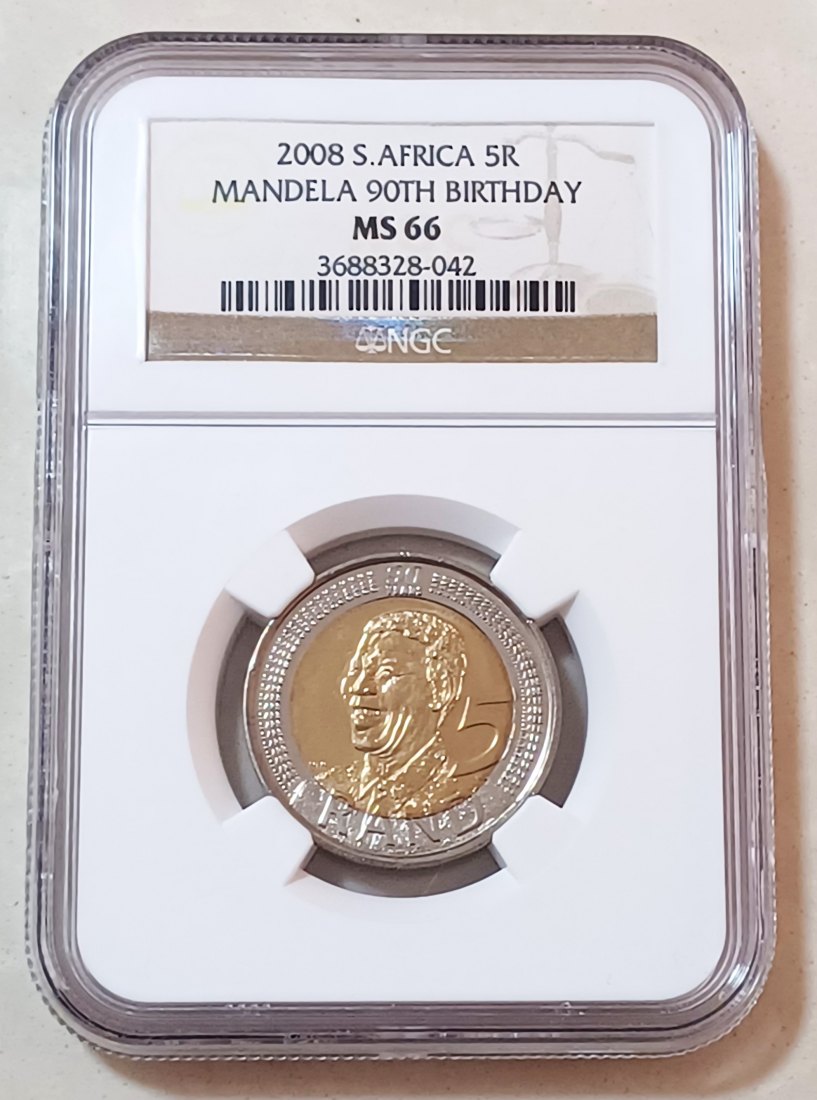 2008 South Africa BU UNC Bimetallic Nelson Mandela 90th Birthday Five Rand R5 NGC MS66