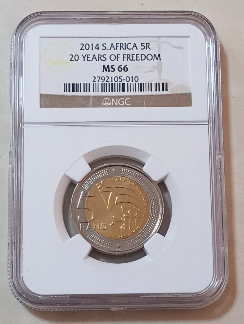 2014 South Africa Bimetallic 20 Years of Freedom Five Rand R5 NGC MS66 2ND HIGHEST GRADE BY NGC