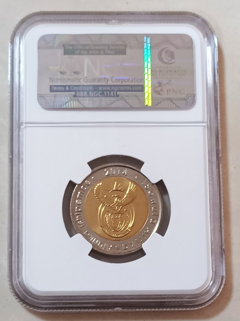  2014 South Africa Bimetallic 20 Years of Freedom Five Rand R5 NGC MS66 2ND HIGHEST GRADE BY NGC   