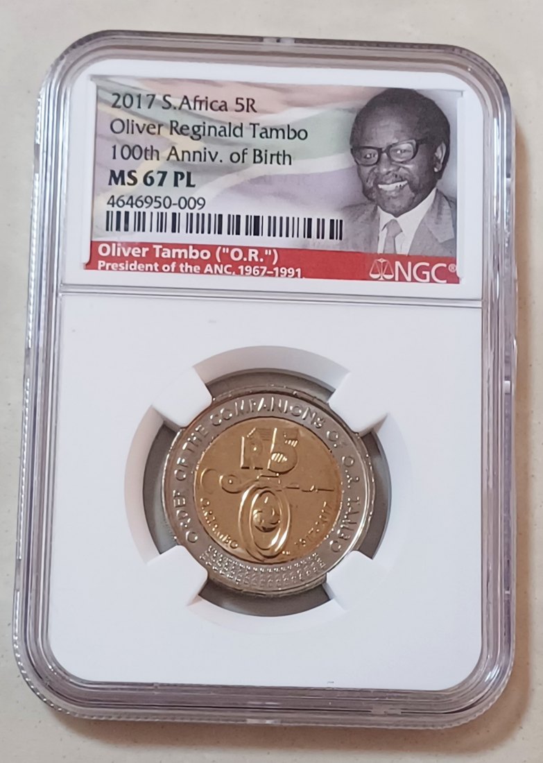 2017 South Africa PROOFLIKE Oliver Tambo 100th Birthday Bimetallic Five Rand R5 NGC MS67PL